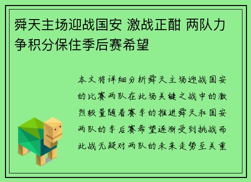 舜天主场迎战国安 激战正酣 两队力争积分保住季后赛希望